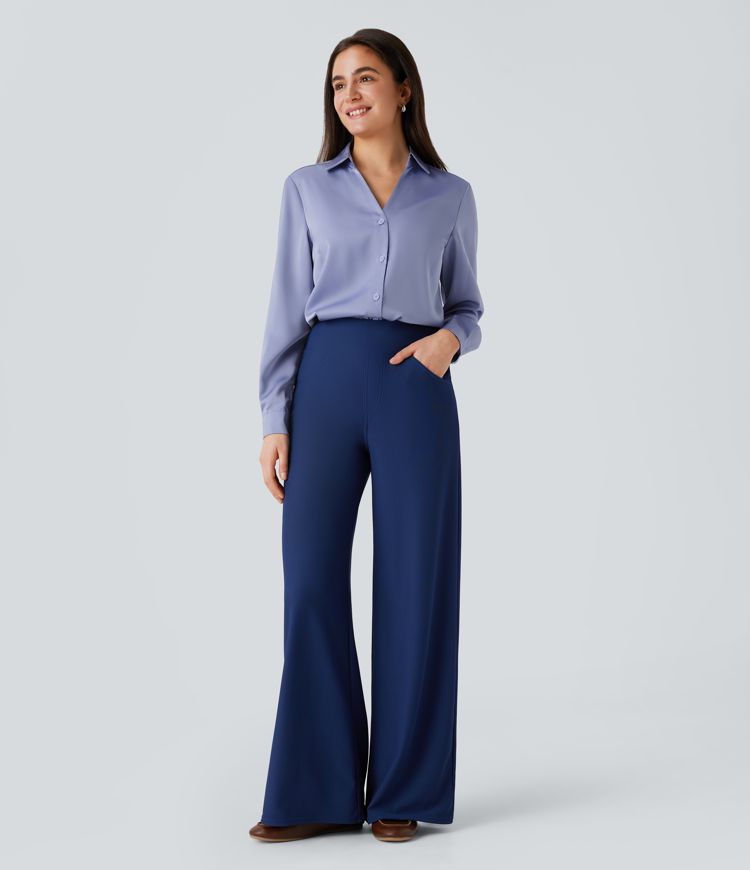 Collared Button Long Sleeve Curved Hem Satin Work Shirt