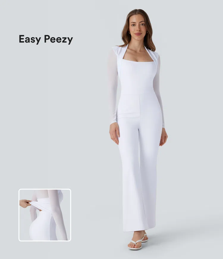 Long Sleeve Contrast Mesh Zipper Bootcut Jumpsuit-Easy Peezy Edition