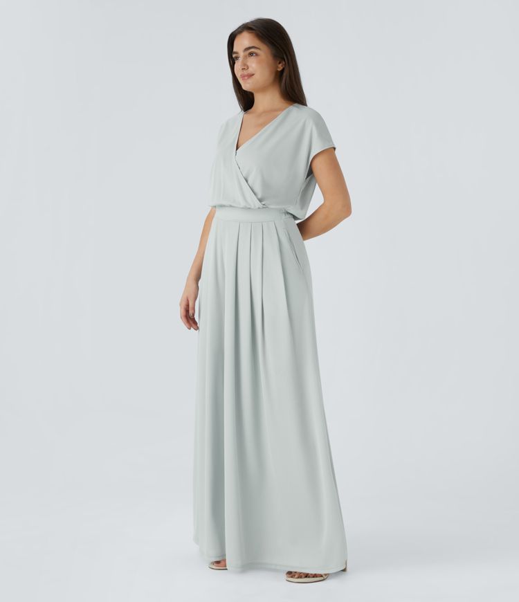 V Neck Short Sleeve Side Pocket Wide Leg Flowy Waffle Casual Jumpsuit