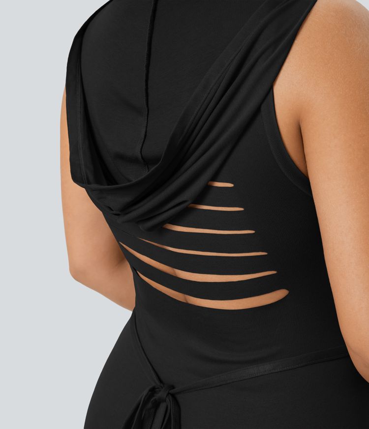 Women's Ribbed Hooded High Neck Sleeveless Cut Out Tie Back