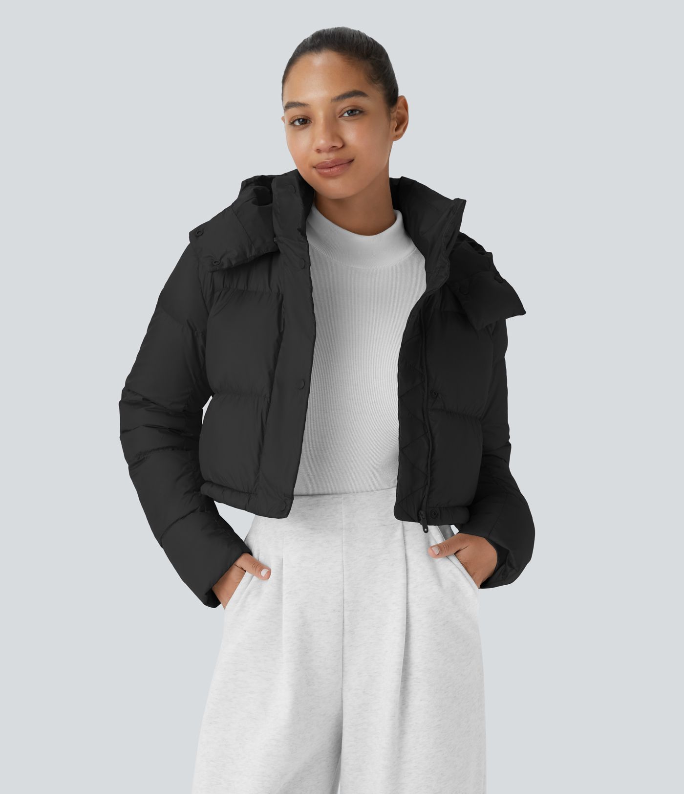  Lässige, wasserabweisende Puffer-Daunenjacke mit abnehmbarer Kapuze, Knöpfen, langen Ärmeln, unsichtbaren Taschen und Kordelzug