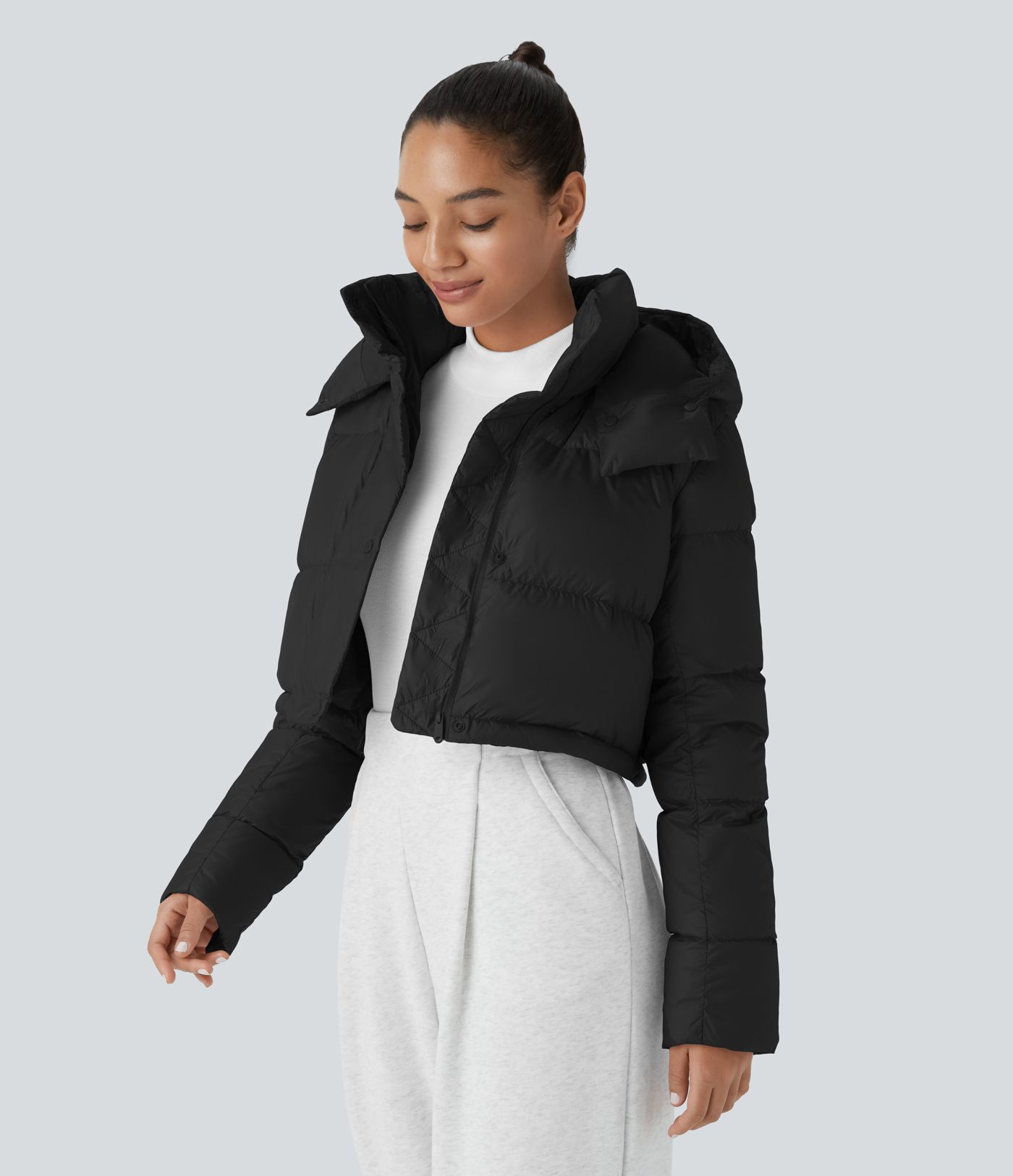  Lässige, wasserabweisende Puffer-Daunenjacke mit abnehmbarer Kapuze, Knöpfen, langen Ärmeln, unsichtbaren Taschen und Kordelzug
