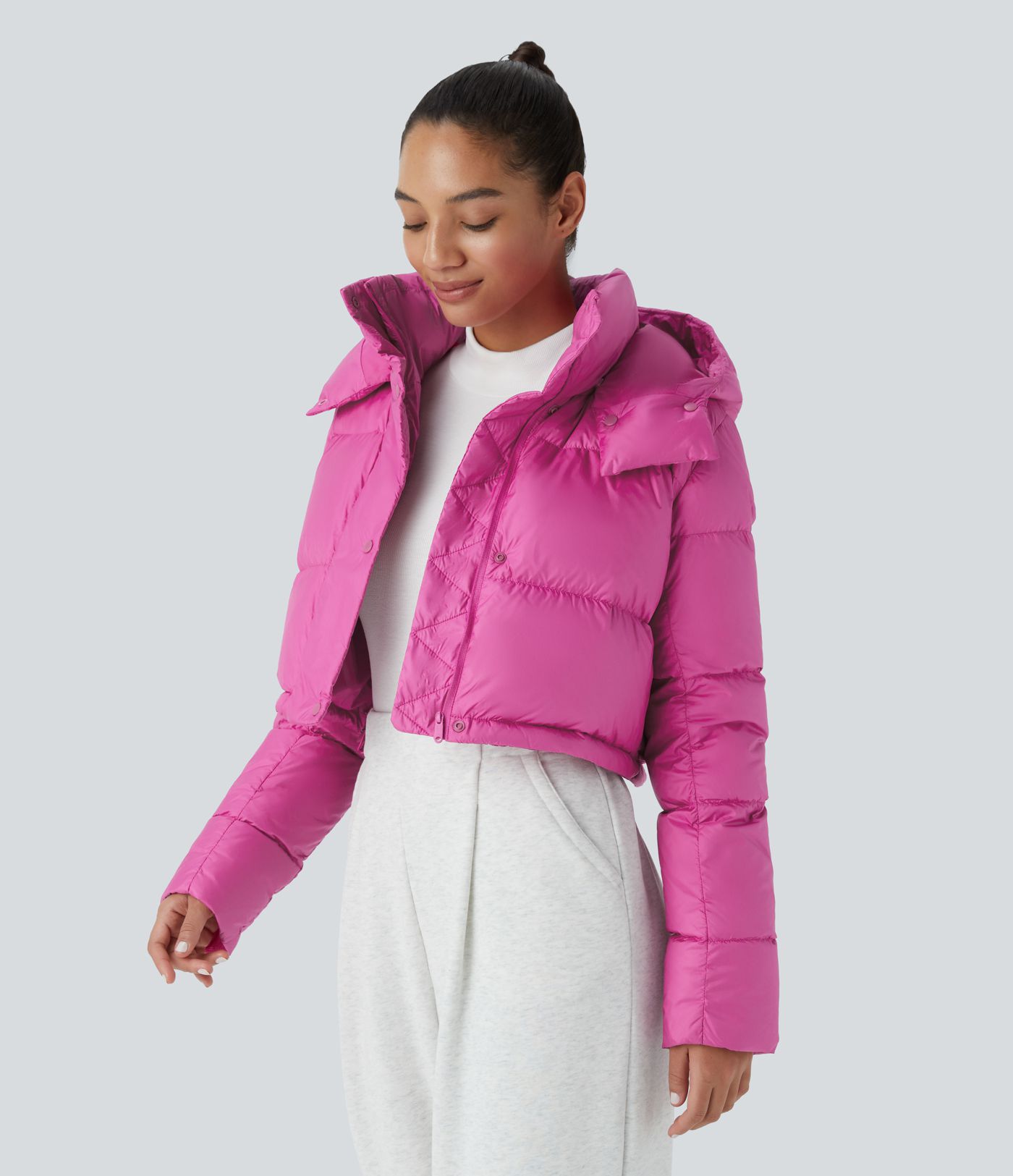 Water Repellent Removable Hood Button Long Sleeve Invisible Pocket Adjustable Drawcord Casual Puffer Down Jacket