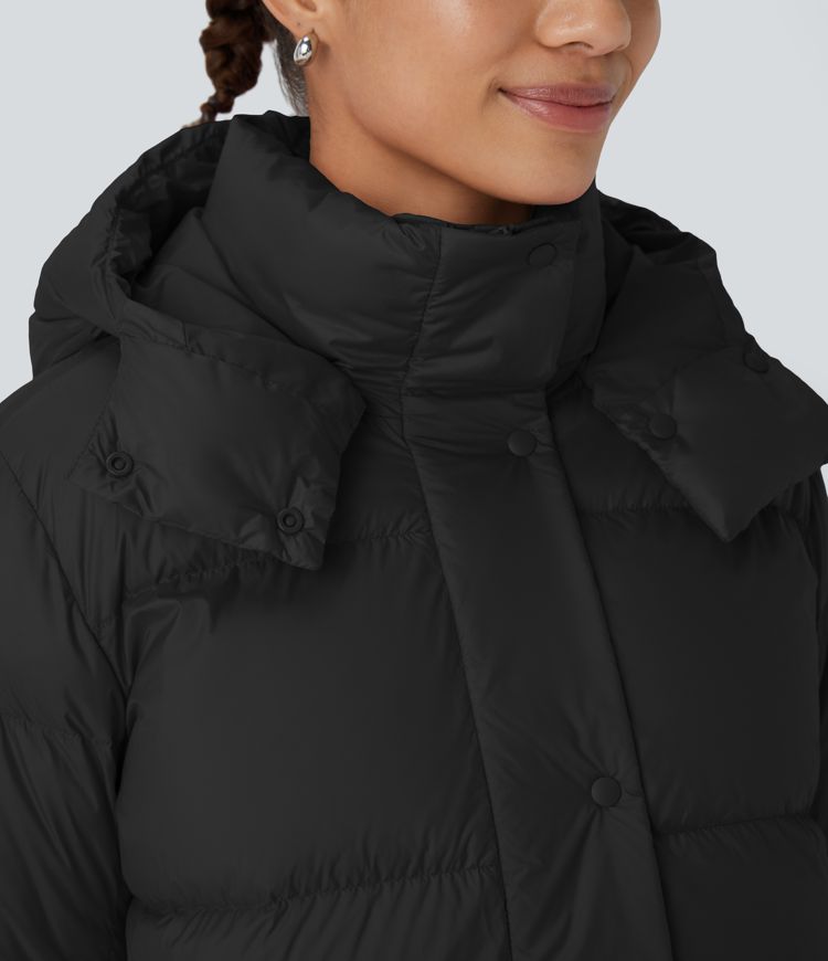  Lässige, wasserabweisende Puffer-Daunenjacke mit abnehmbarer Kapuze, Knöpfen, langen Ärmeln, unsichtbaren Taschen und Kordelzug