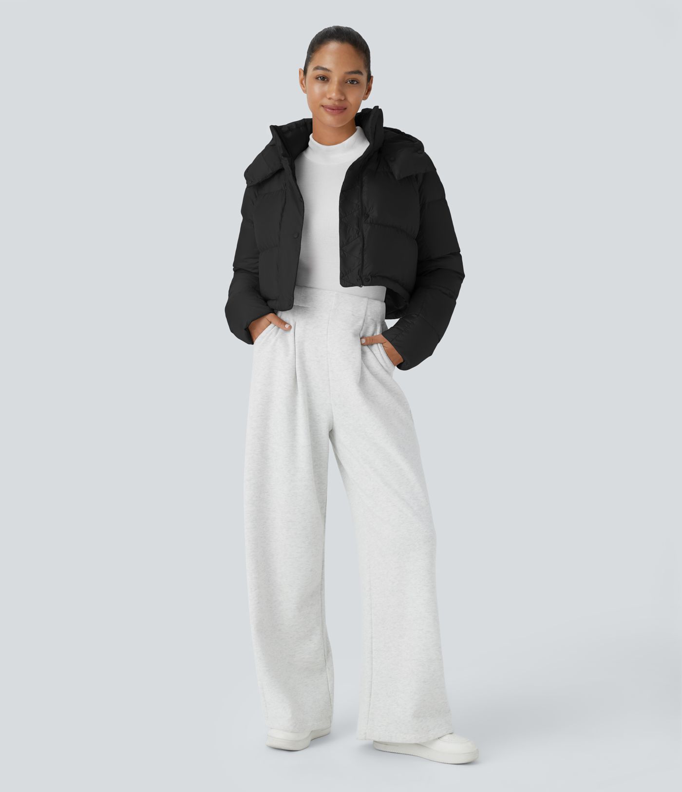  Lässige, wasserabweisende Puffer-Daunenjacke mit abnehmbarer Kapuze, Knöpfen, langen Ärmeln, unsichtbaren Taschen und Kordelzug