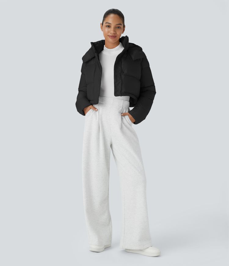  Lässige, wasserabweisende Puffer-Daunenjacke mit abnehmbarer Kapuze, Knöpfen, langen Ärmeln, unsichtbaren Taschen und Kordelzug