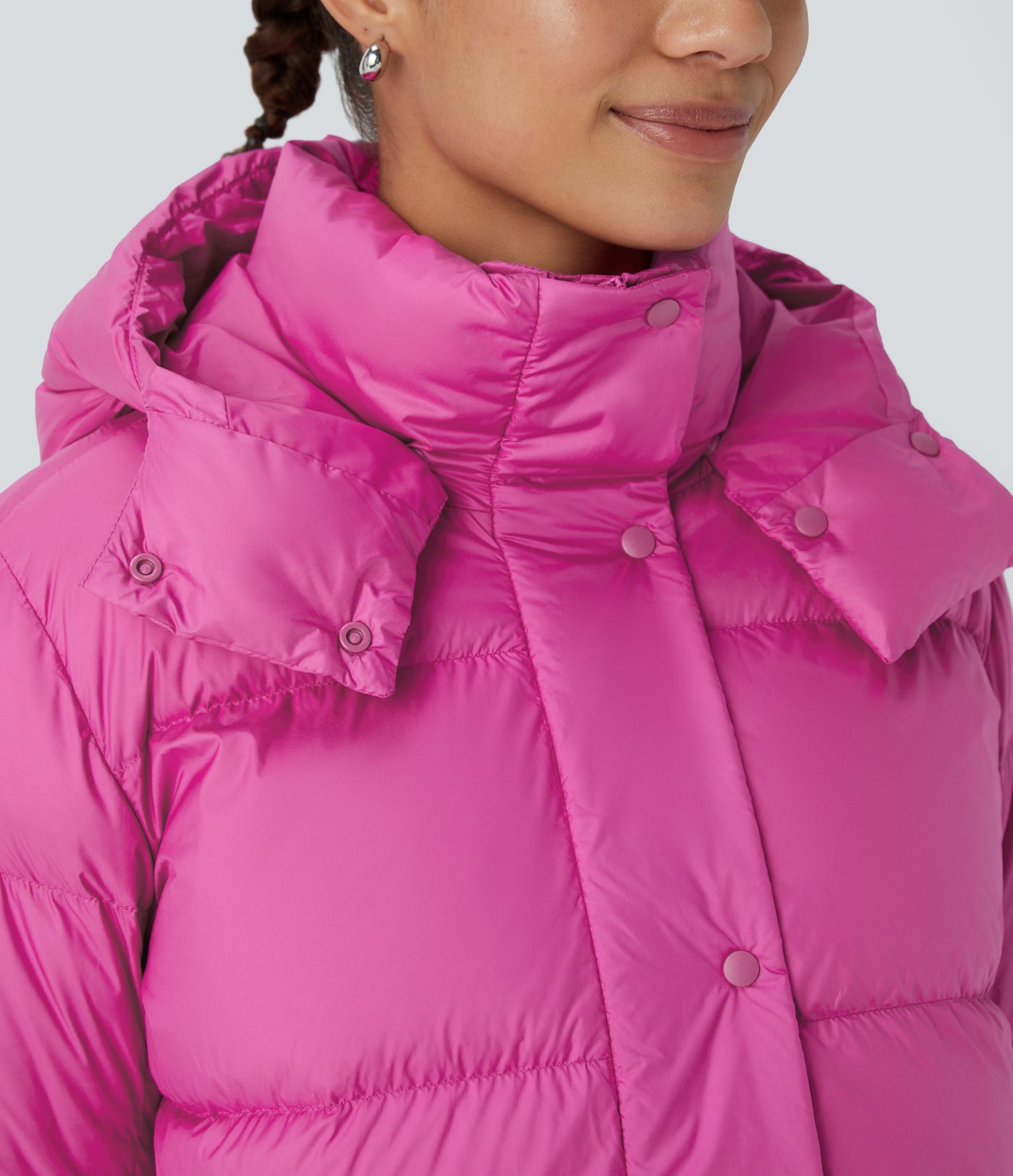 Water Repellent Removable Hood Button Long Sleeve Invisible Pocket Adjustable Drawcord Casual Puffer Down Jacket