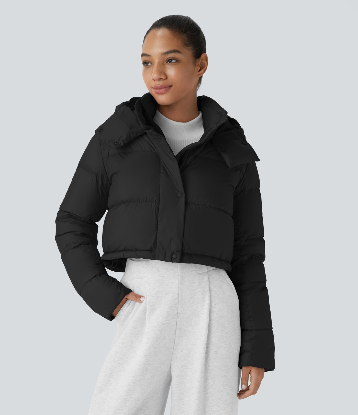  Lässige, wasserabweisende Puffer-Daunenjacke mit abnehmbarer Kapuze, Knöpfen, langen Ärmeln, unsichtbaren Taschen und Kordelzug