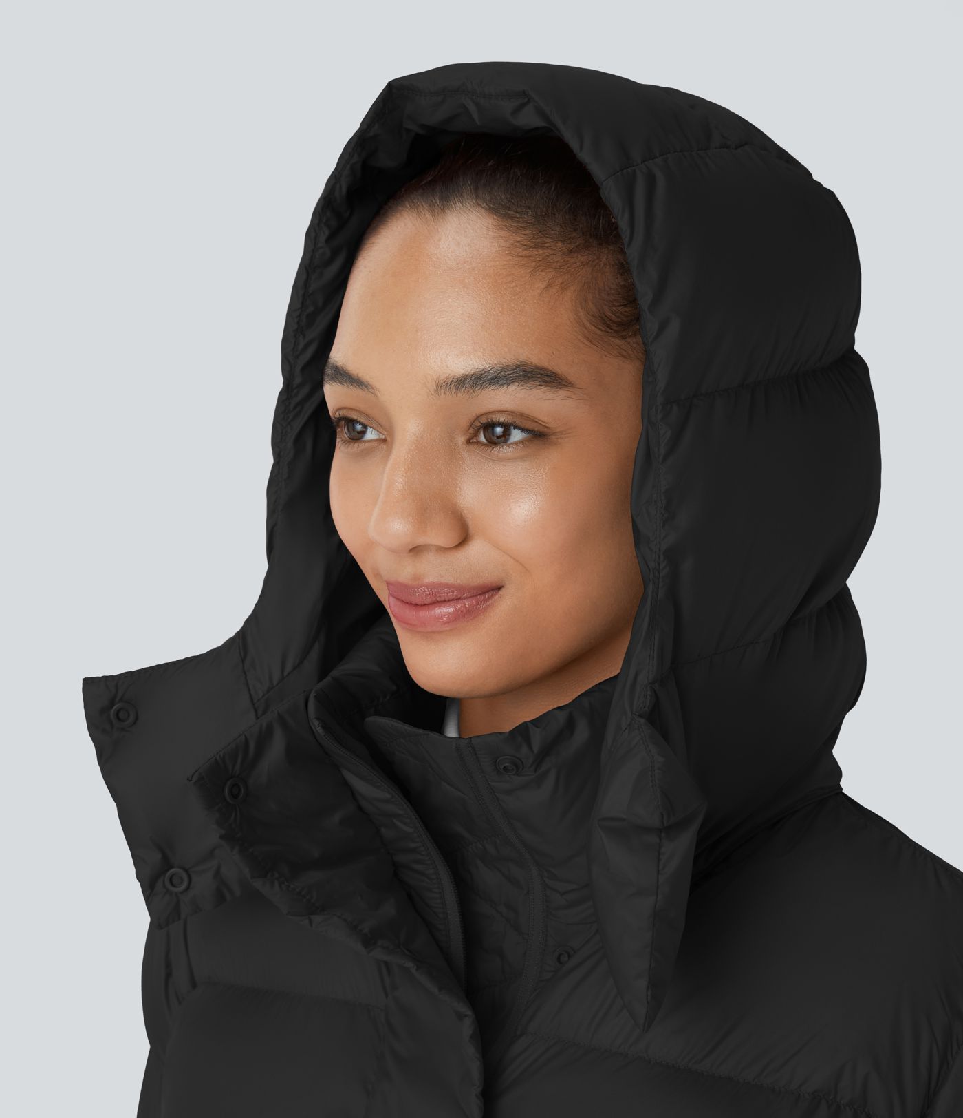  Lässige, wasserabweisende Puffer-Daunenjacke mit abnehmbarer Kapuze, Knöpfen, langen Ärmeln, unsichtbaren Taschen und Kordelzug