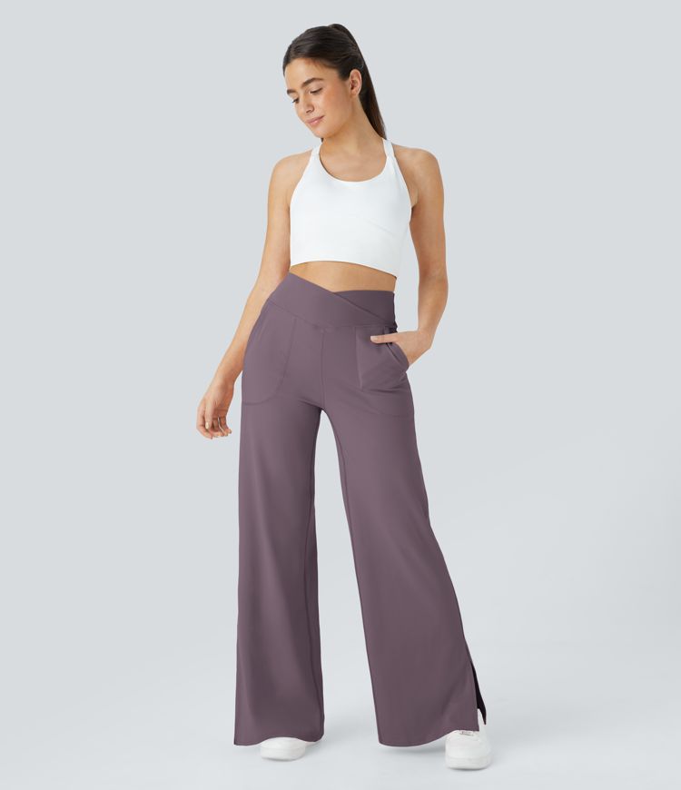 Crossover Pocket Hem Wide Leg Yoga Pants-Smile