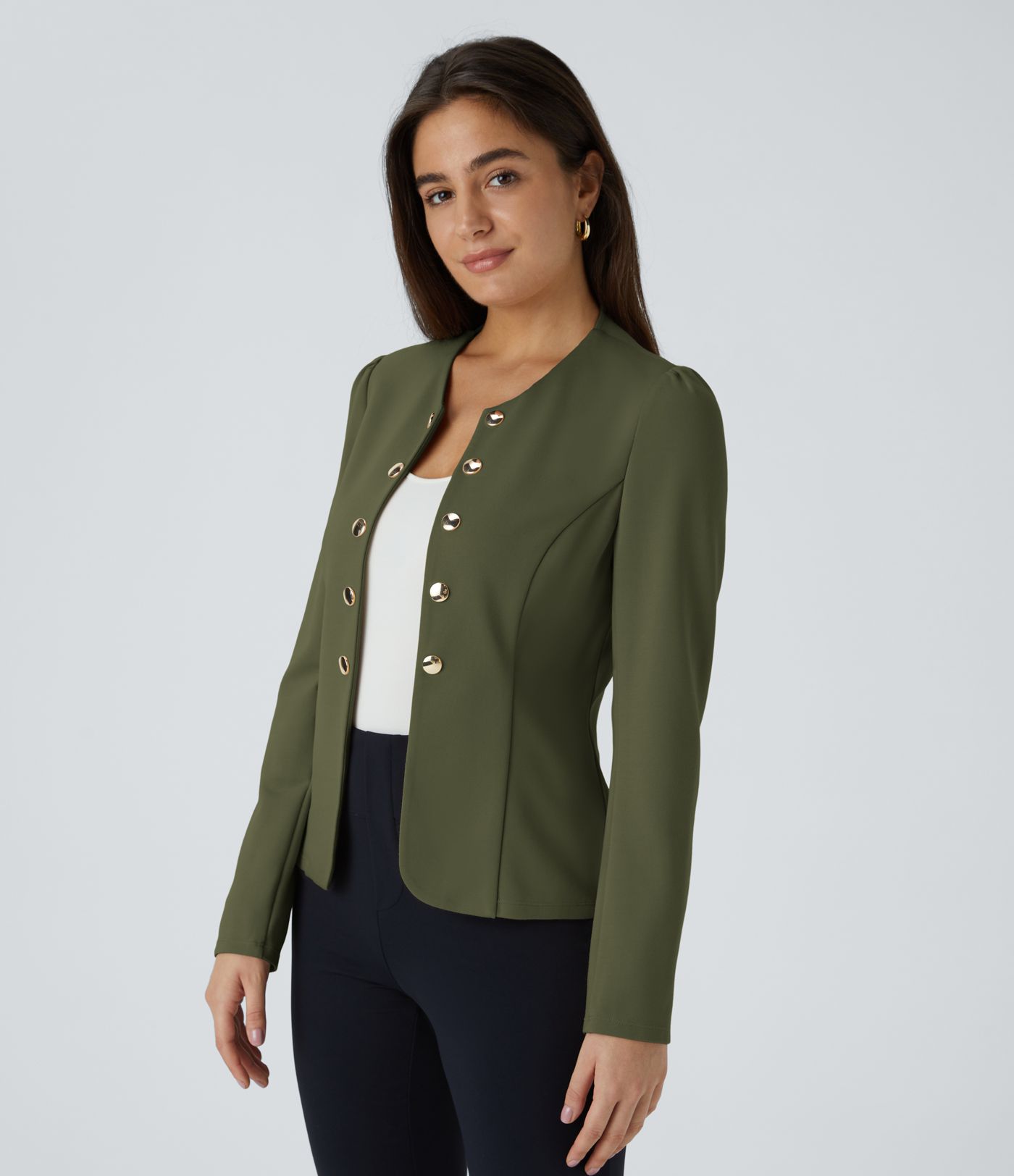 Round Neck Long Sleeve Decorative Button Slim Work Blazer