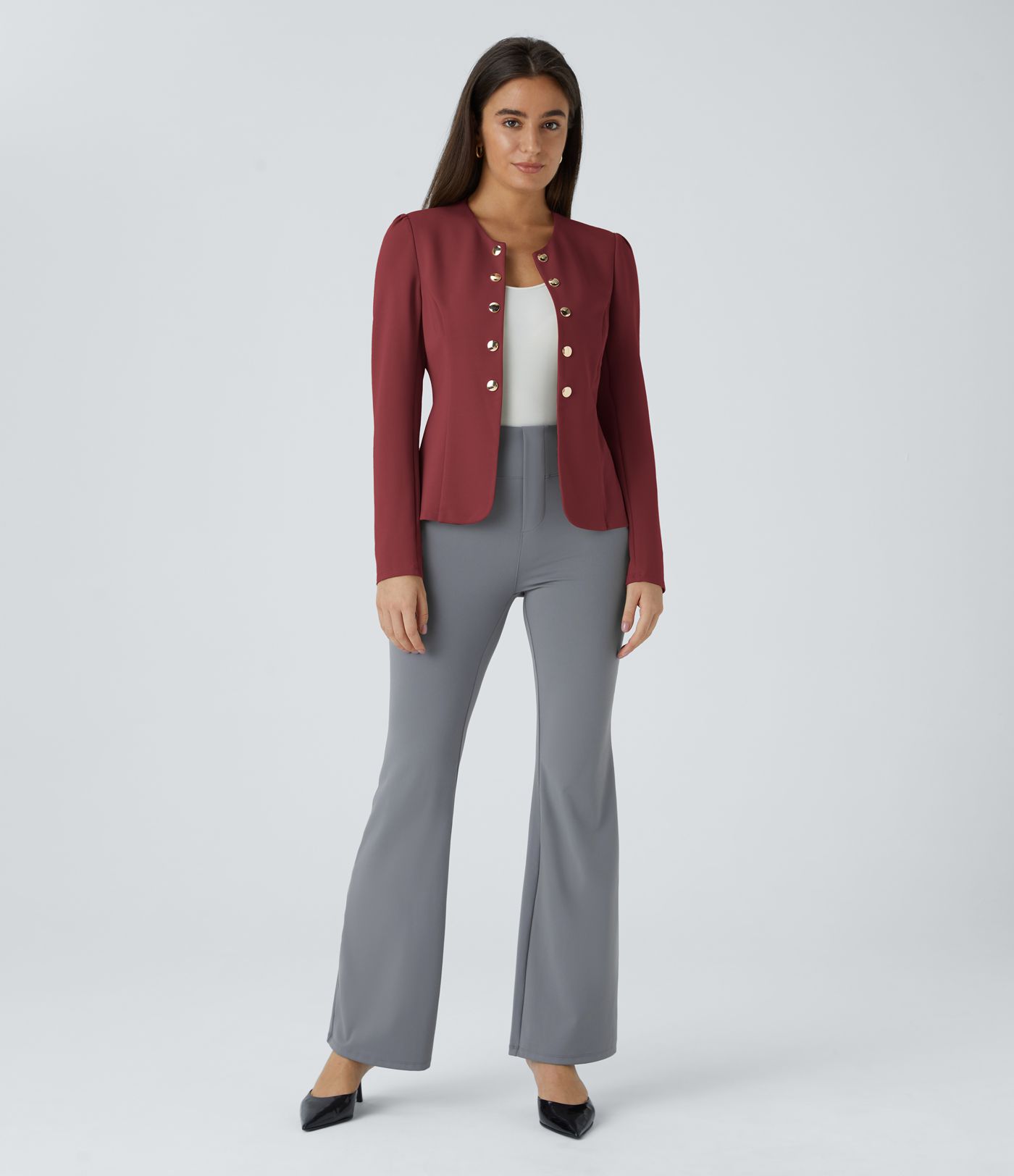 Round Neck Long Sleeve Decorative Button Slim Work Blazer