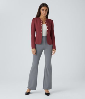 Round Neck Long Sleeve Decorative Button Slim Work Blazer