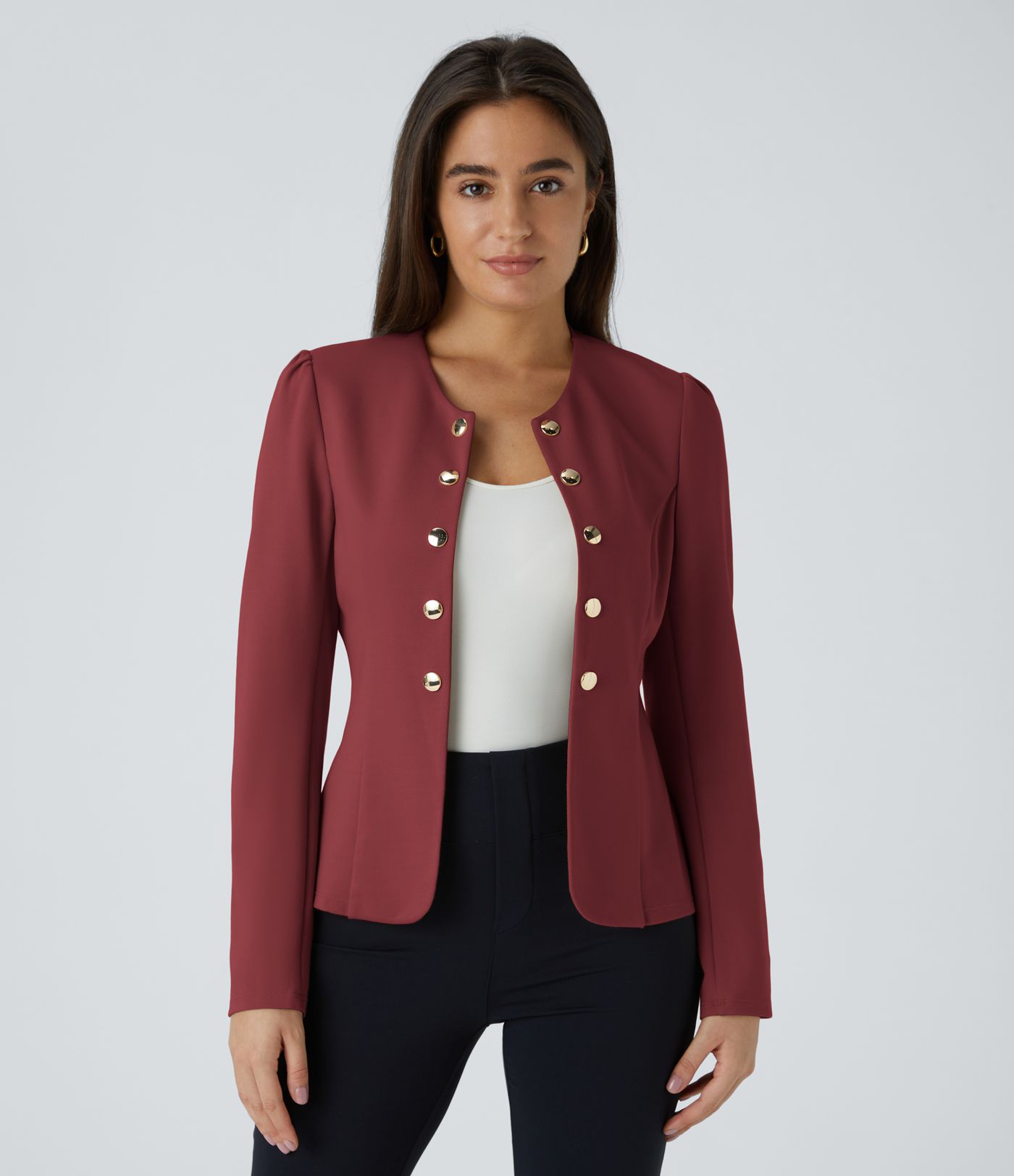 Round Neck Long Sleeve Decorative Button Slim Work Blazer