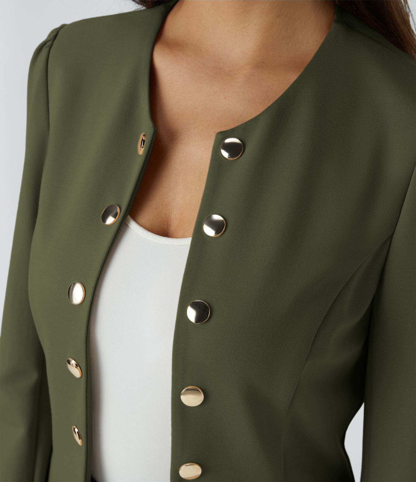 Round Neck Long Sleeve Decorative Button Slim Work Blazer