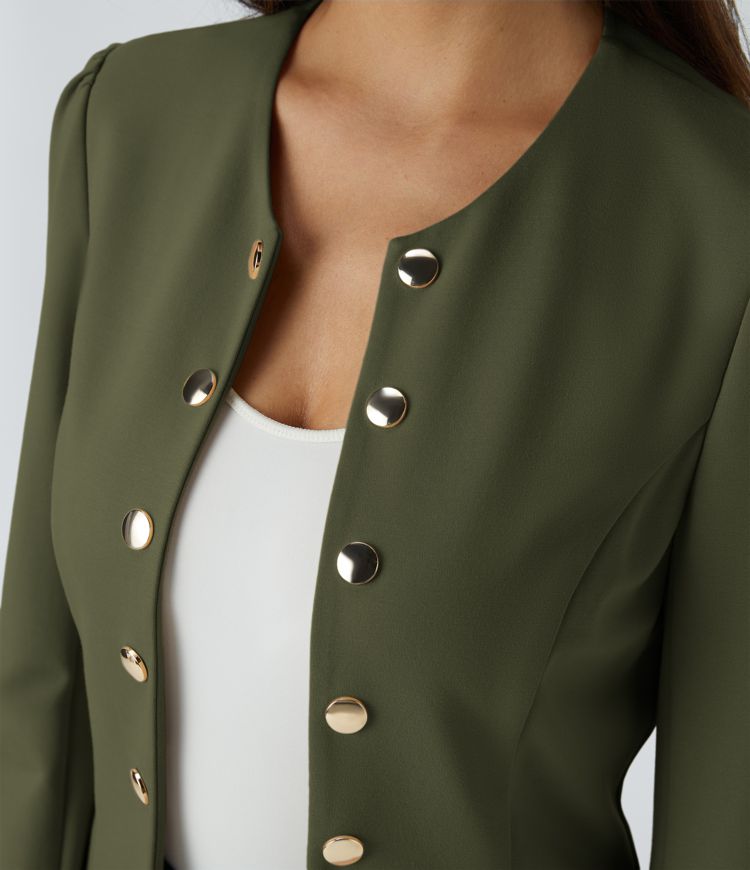 Round Neck Long Sleeve Decorative Button Slim Work Blazer
