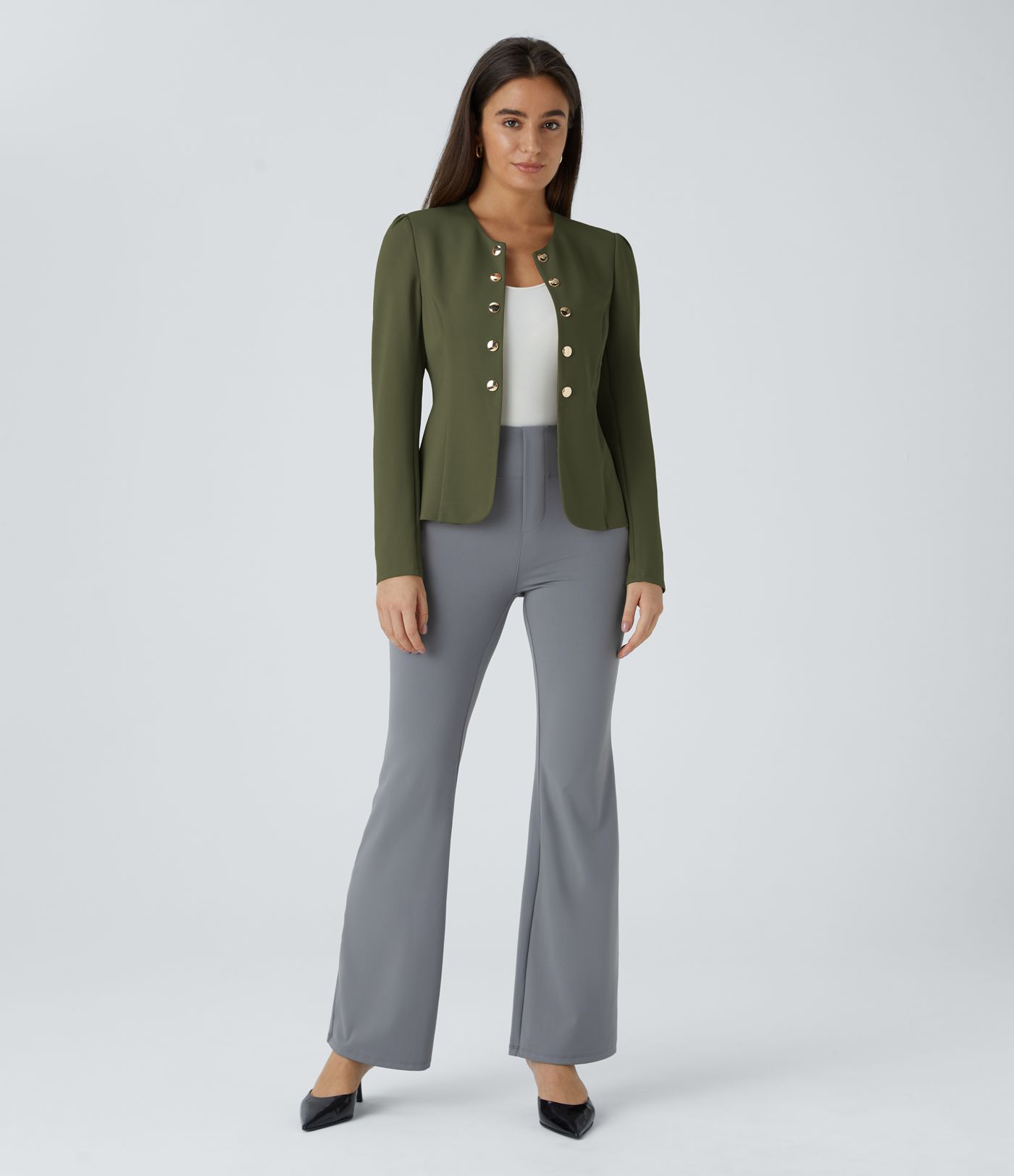 Round Neck Long Sleeve Decorative Button Slim Work Blazer