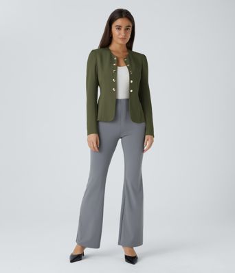 Round Neck Long Sleeve Decorative Button Slim Work Blazer