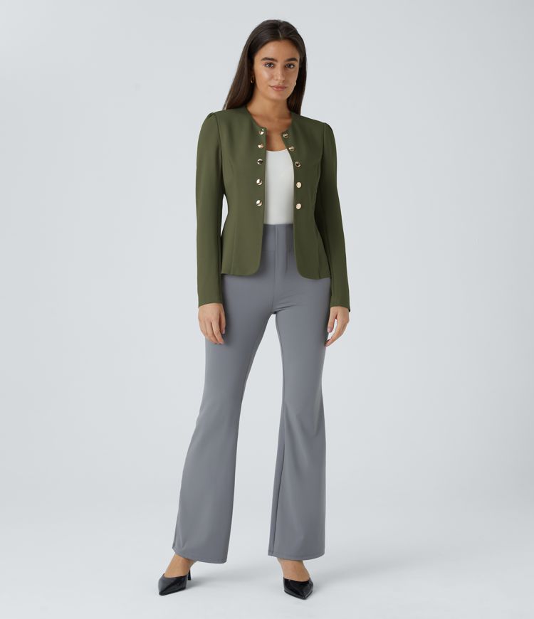 Round Neck Long Sleeve Decorative Button Slim Work Blazer