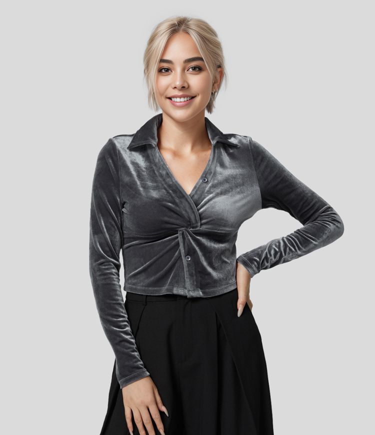 Women’s Collared V Neck Twisted Button Long Sleeve Velvet Cropped