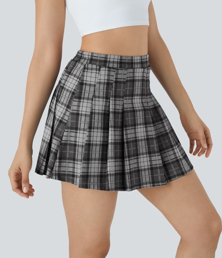 High Waisted 2-in-1 Side Pocket Plaid Pleated Mini Casual Skirt