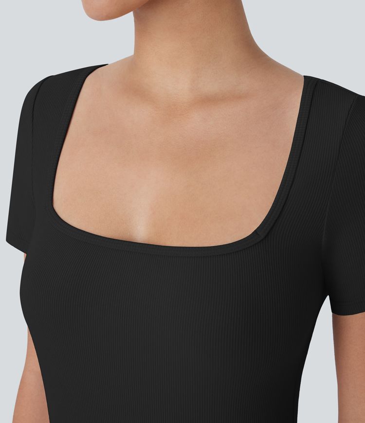 Ribbed Knit Square Neck Short Sleeve Button Skinny Work Bodysuit