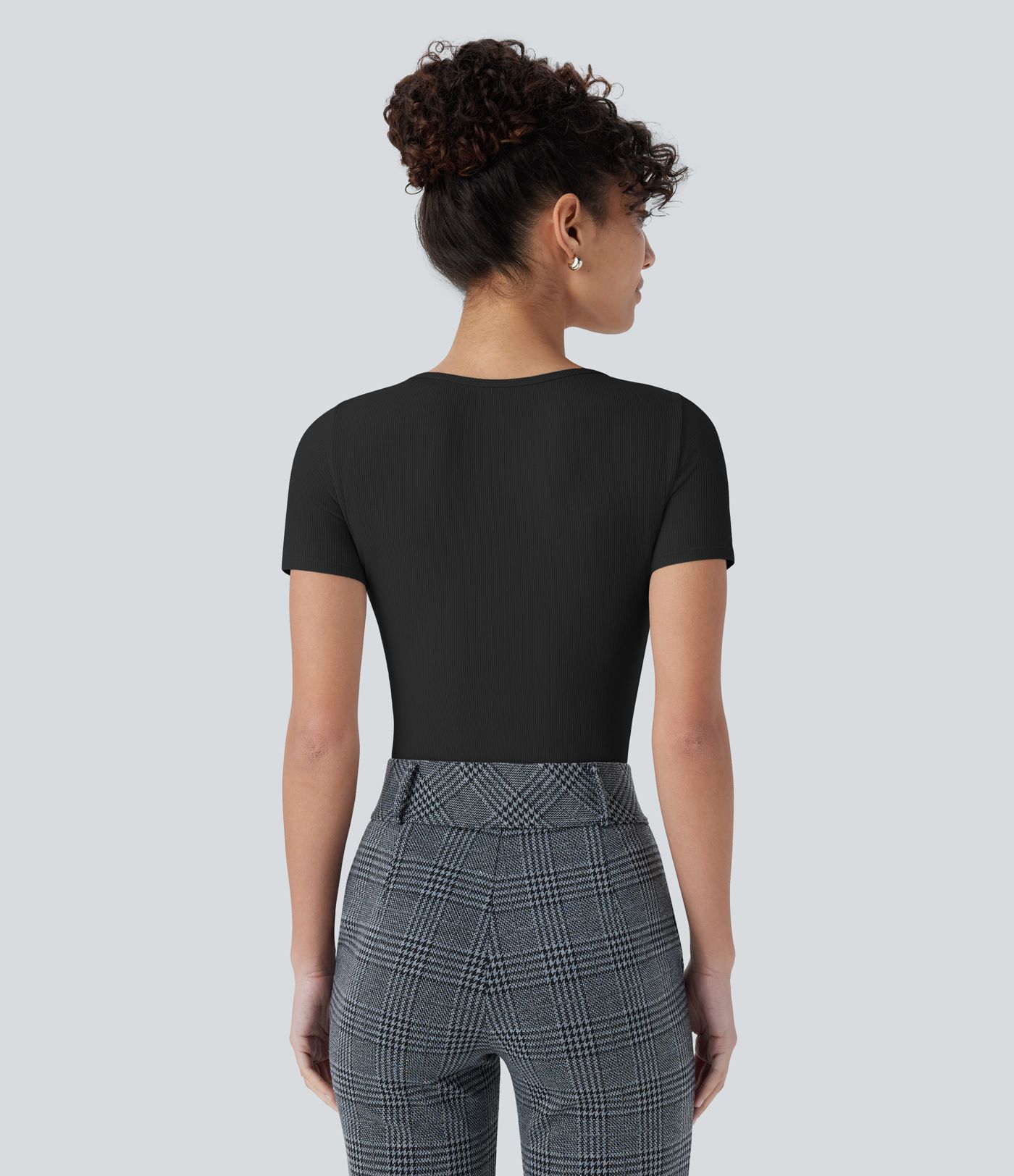 Ribbed Knit Square Neck Short Sleeve Button Skinny Work Bodysuit