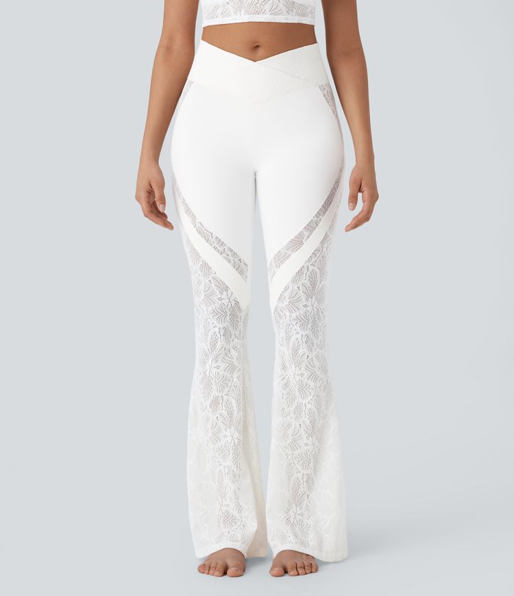 Softlyzero™ High Waisted Crossover Back Pocket Contrast Lace Flare Yoga Leggings