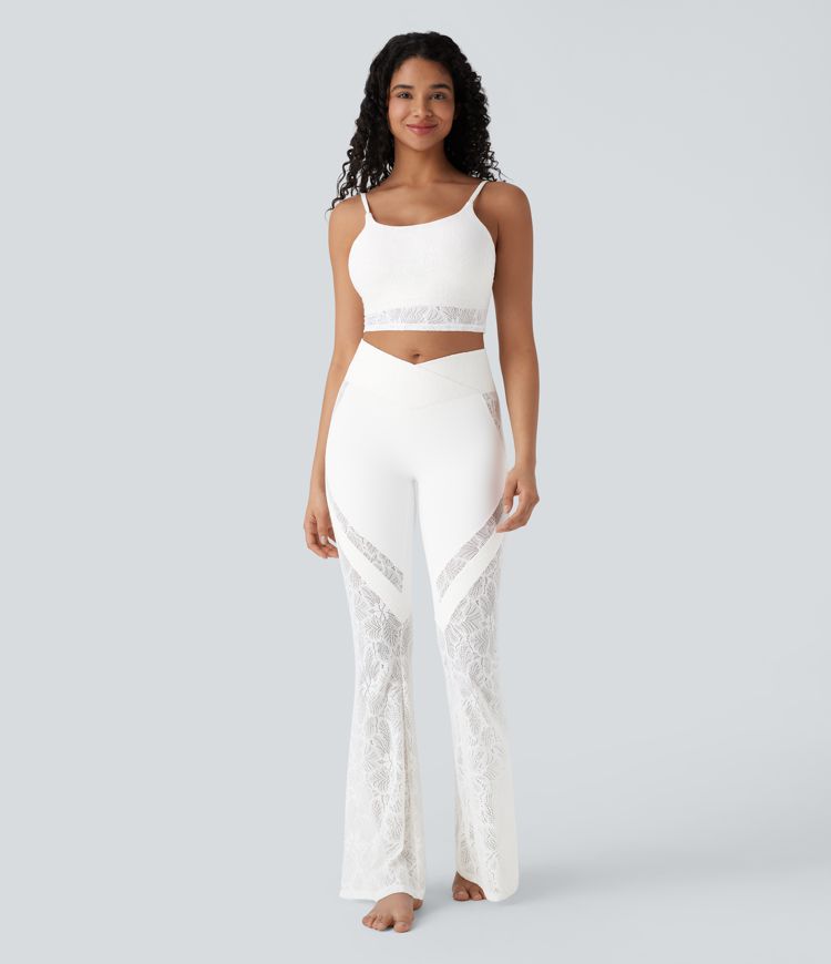 SoftlyZero™ High Waisted Crossover Pocket Contrast Lace Women Flare Yoga Leggings