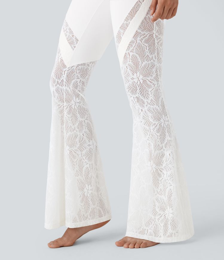 SoftlyZero™ High Waisted Crossover Pocket Contrast Lace Women Flare Yoga Leggings