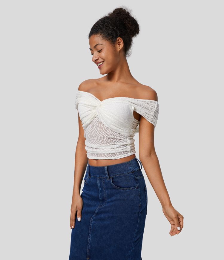 Top oficina encaje fruncido espalda cruzada retorcida sin hombros