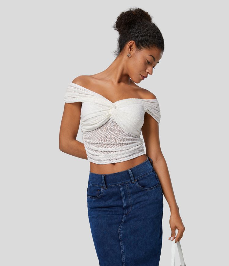 Top oficina encaje fruncido espalda cruzada retorcida sin hombros