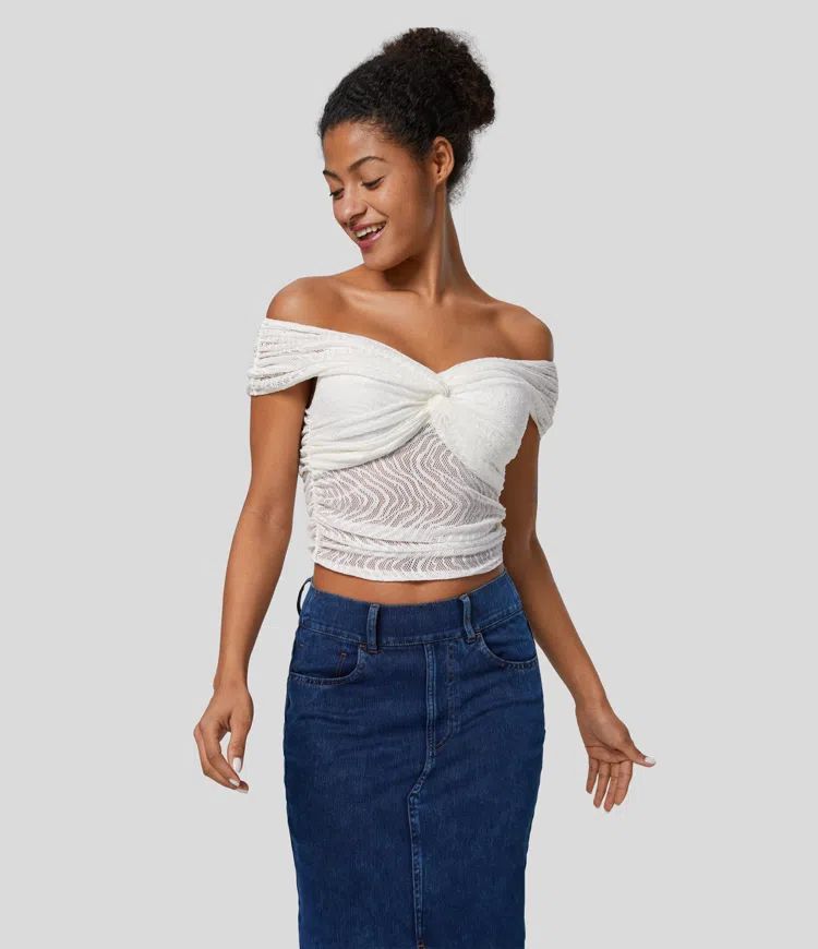 Off-shoulder twist crisscross back ruched lacework top