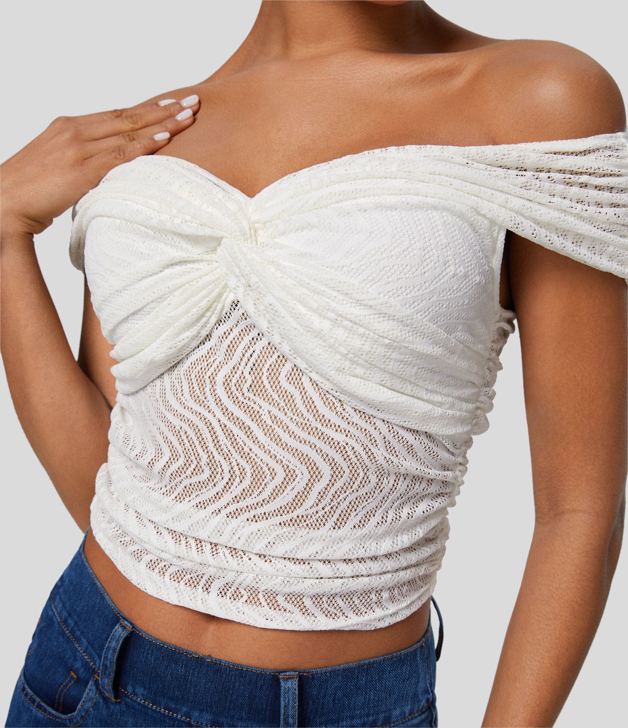 オフショルダー ツイスト クロス バック ルーシュ レース ワーク トップ