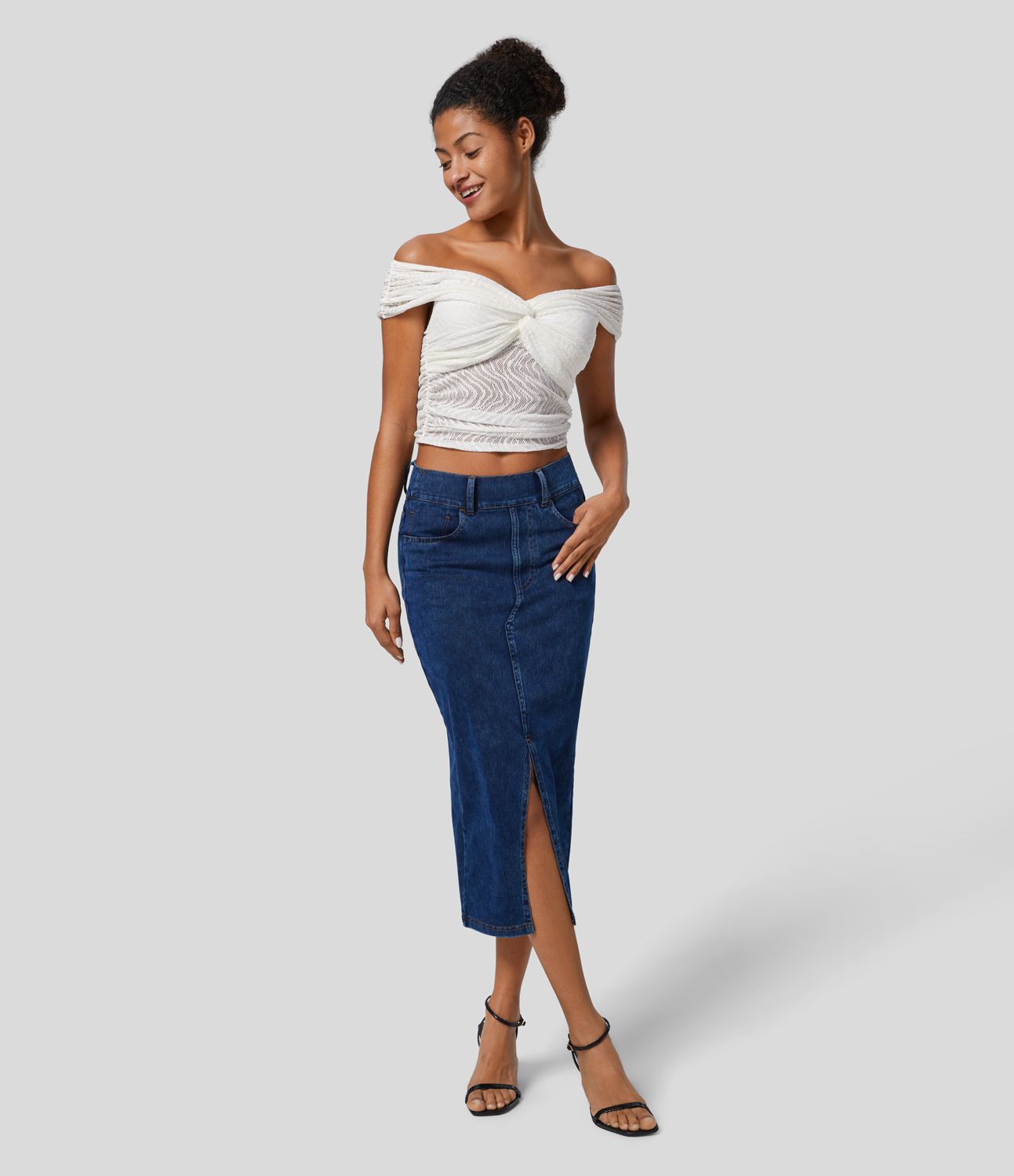 オフショルダー ツイスト クロス バック ルーシュ レース ワーク トップ