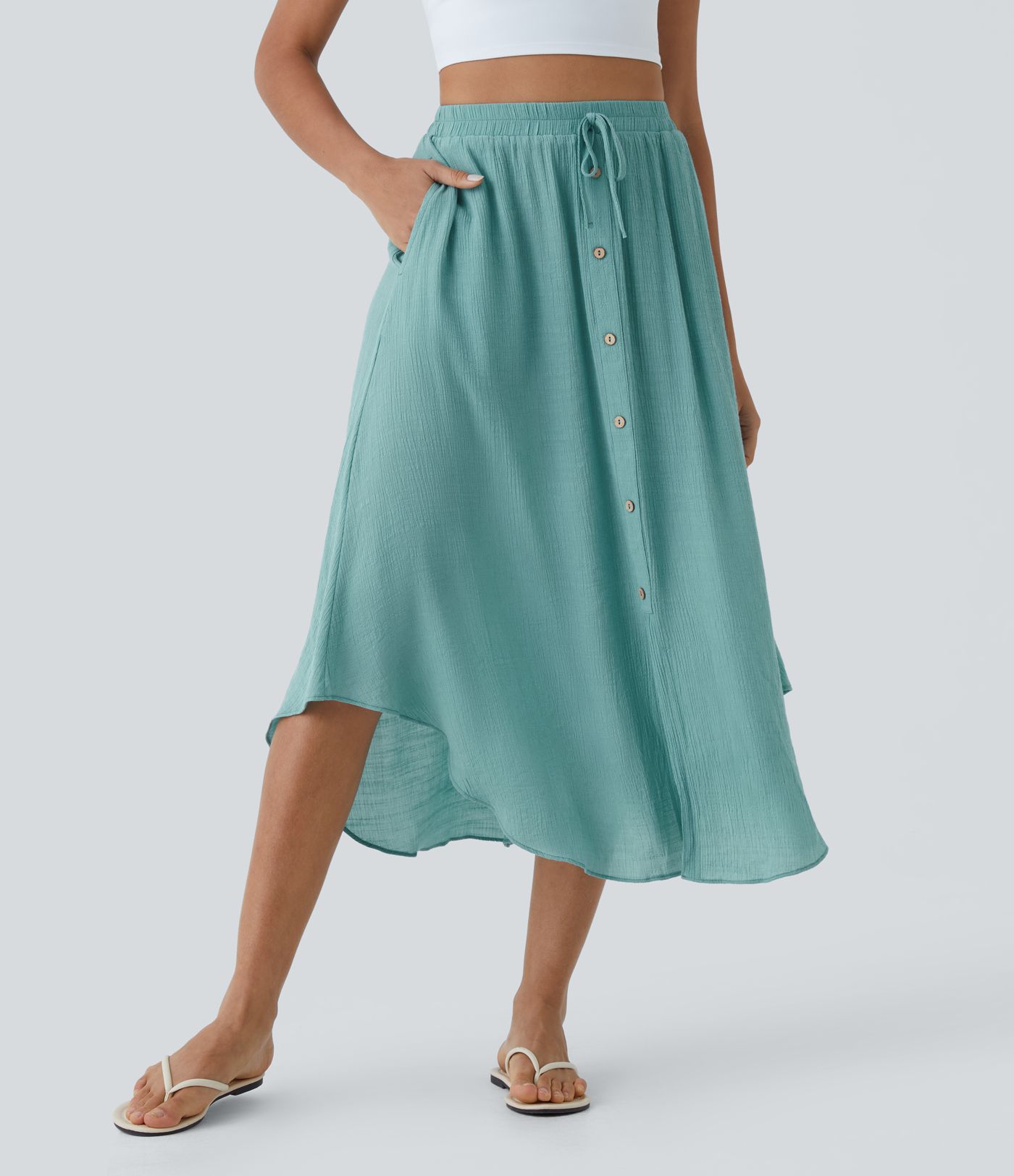 Fluid casual midi skirt with side button pocket and drawstring high waist