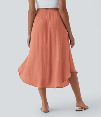 Falda midi casual de cintura alta con bolsillos y cordón fluido