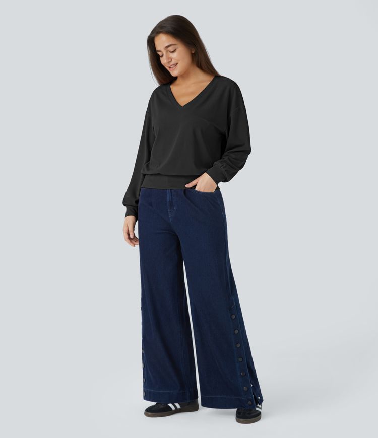 V-neck drop-shoulder long-sleeve waffle casual sweatshirt