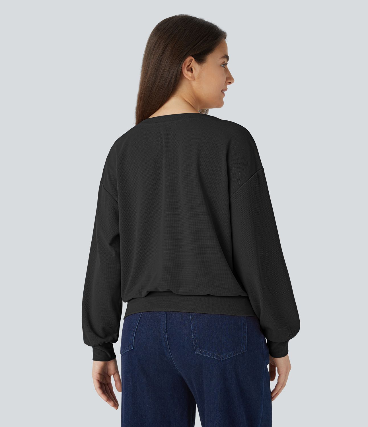 V-neck drop-shoulder long-sleeve waffle casual sweatshirt