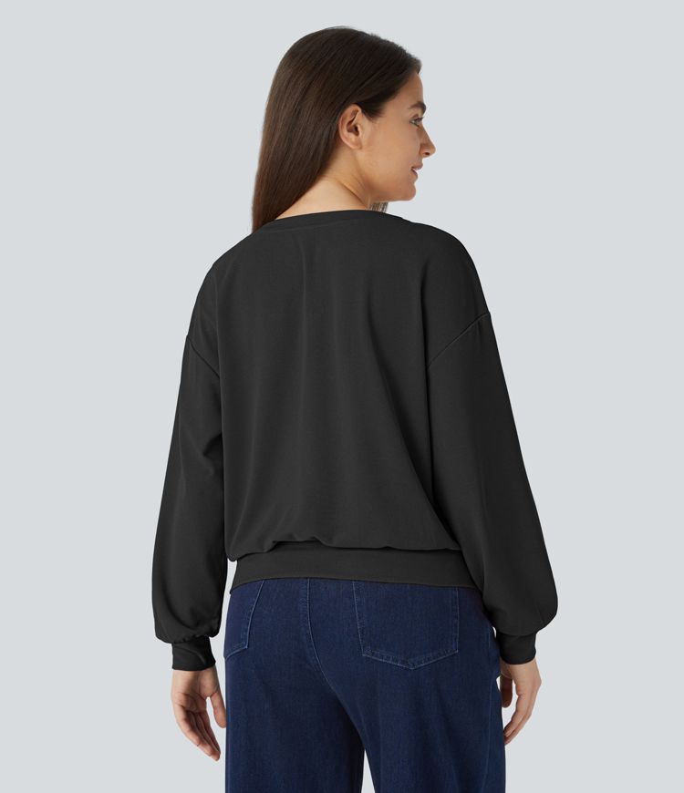 V-neck drop-shoulder long-sleeve waffle casual sweatshirt