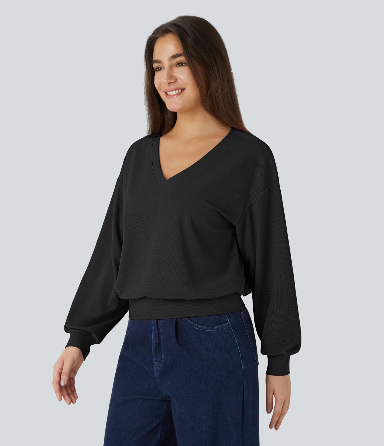V-neck drop-shoulder long-sleeve waffle casual sweatshirt
