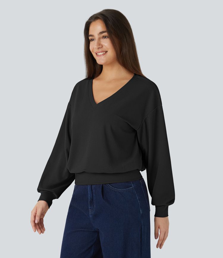 V-neck drop-shoulder long-sleeve waffle casual sweatshirt