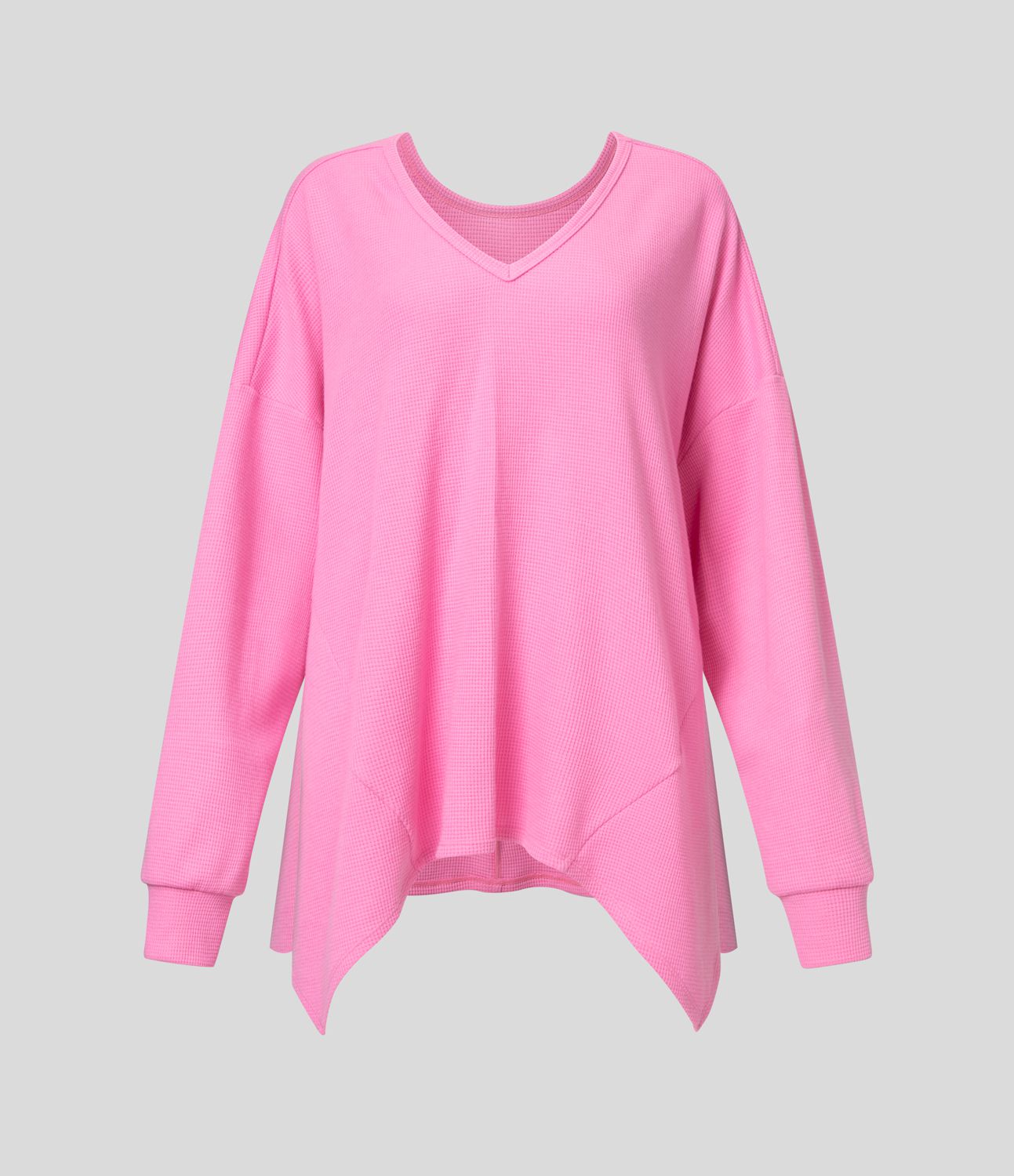 Long-sleeved cotton sweatshirt in oversized fit, V-neck, asymmetric hem, and waffle pattern