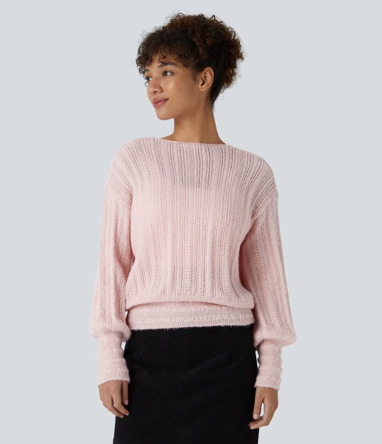 Sheer V Neck Long Sleeve Work Sweater-Front and Back Wearable