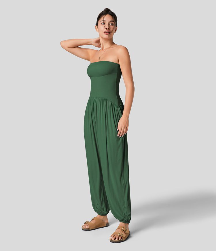 Ribbed Tube Backless Side Pocket Casual Jumpsuit