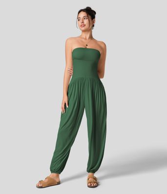 Ribbed Tube Backless Side Pocket Casual Jumpsuit