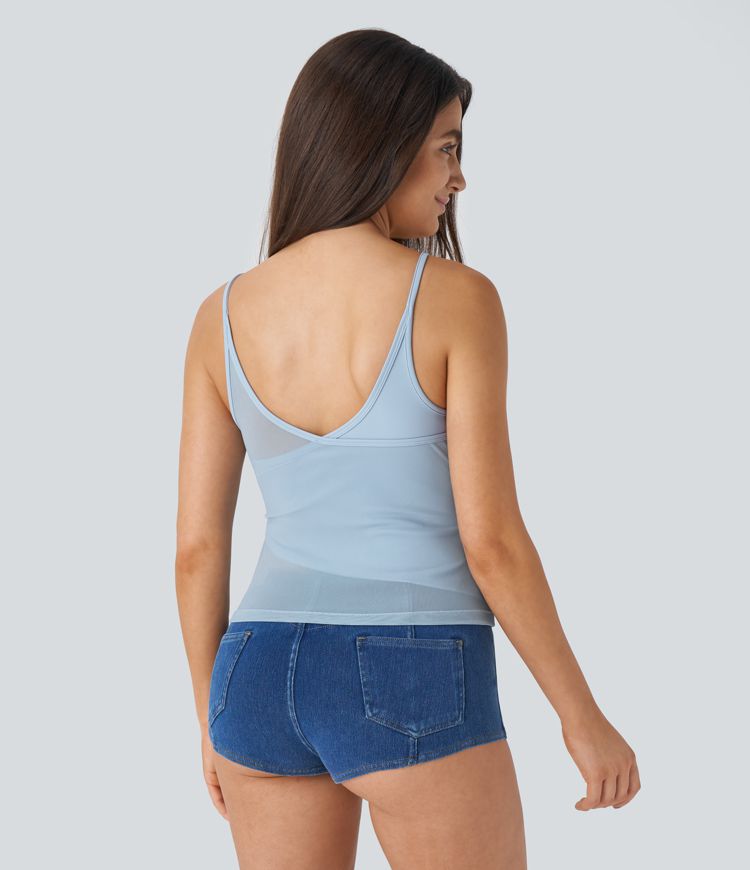 Top tirante ajustado malla contrastante sin espalda cuello V