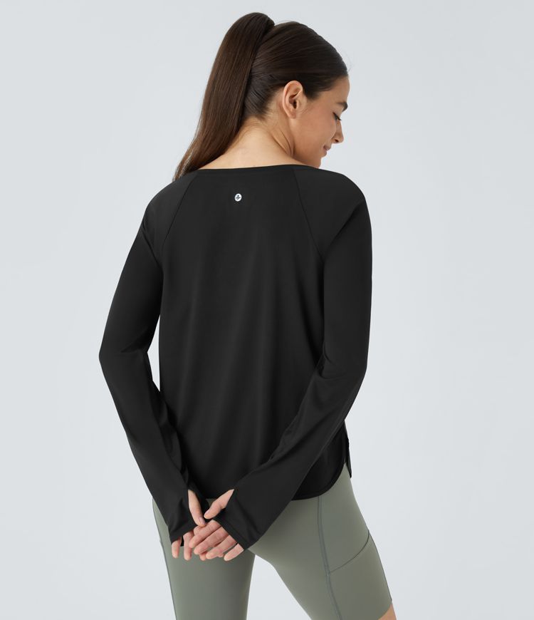 Round Neck Raglan Sleeve Thumb Hole Curved Split Hem Hiking Sports Top