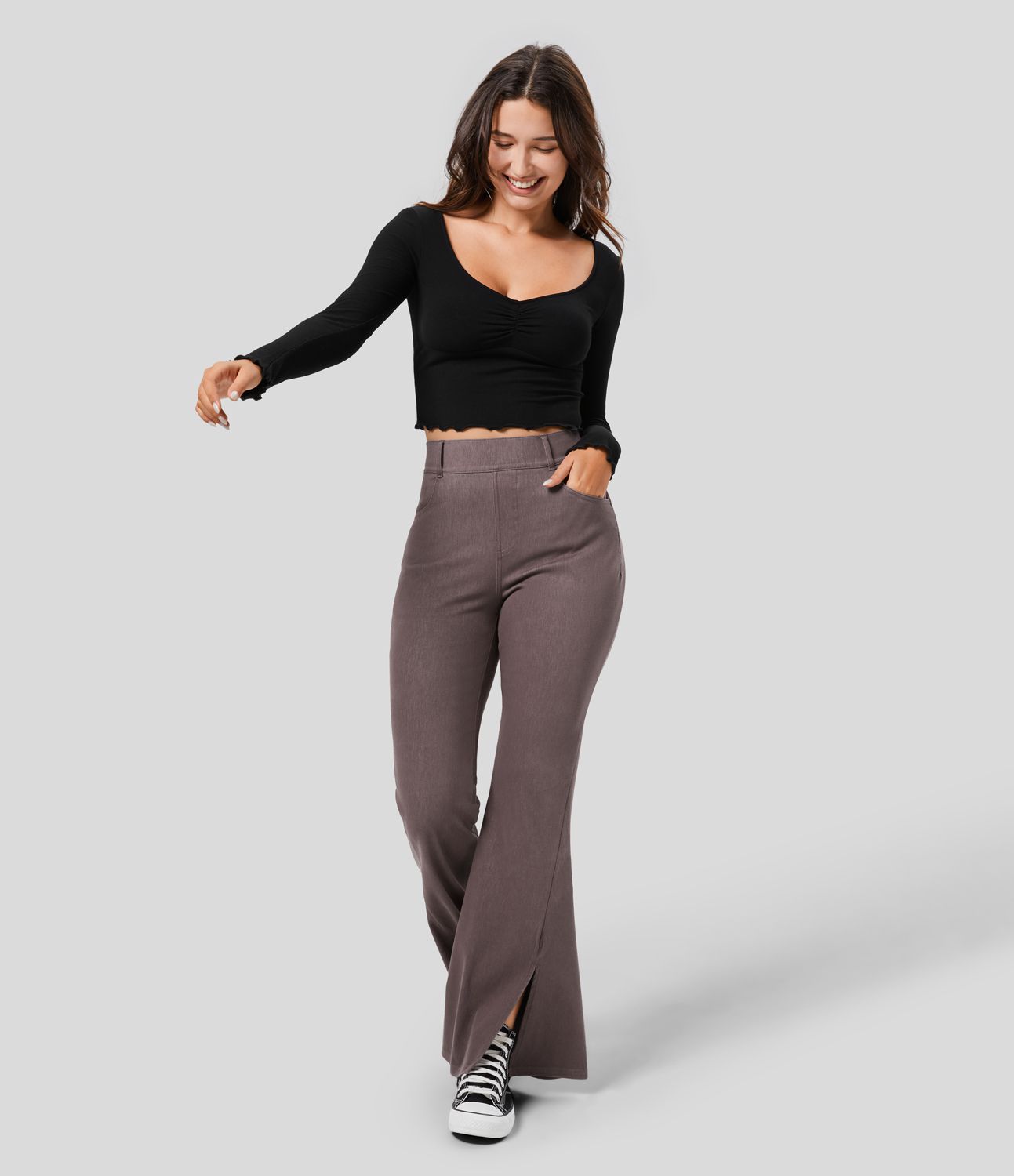 Halara Flex™ Flare Jeans in stretchy knit denim with high waist, side pockets, and slit