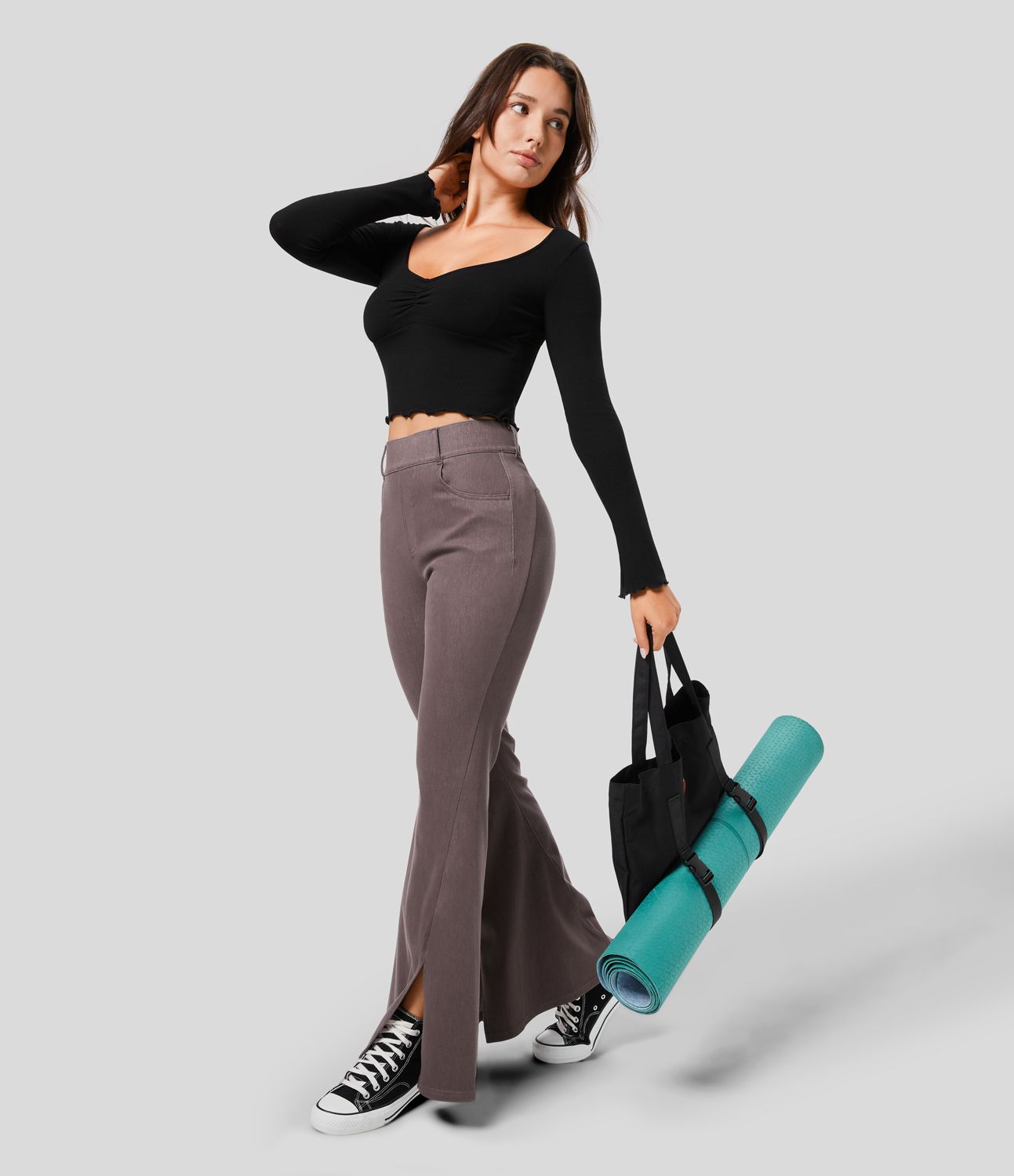 Halara Flex™ Flare Jeans in stretchy knit denim with high waist, side pockets, and slit